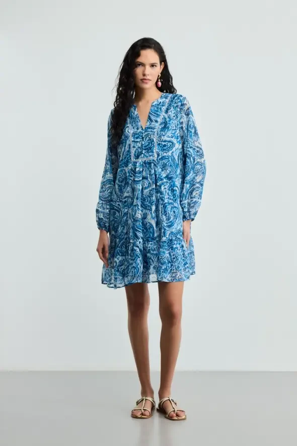 Shawl Patterned Chiffon Dress - Blue - Gusto