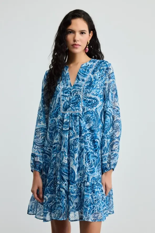 Shawl Patterned Chiffon Dress - Blue - Gusto