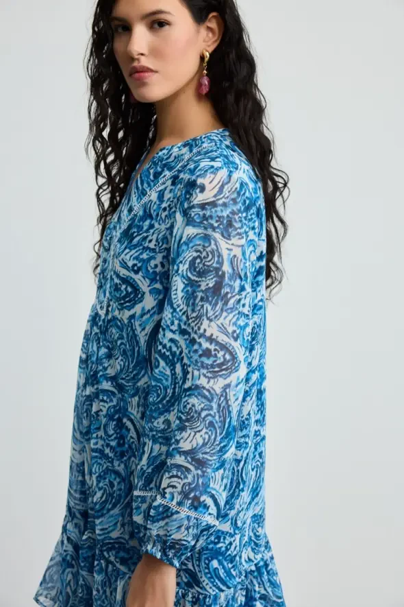 Shawl Patterned Chiffon Dress - Blue - Gusto