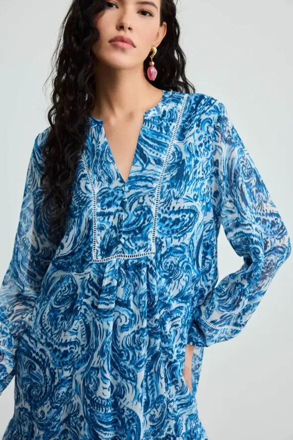 Shawl Patterned Chiffon Dress - Blue - Gusto