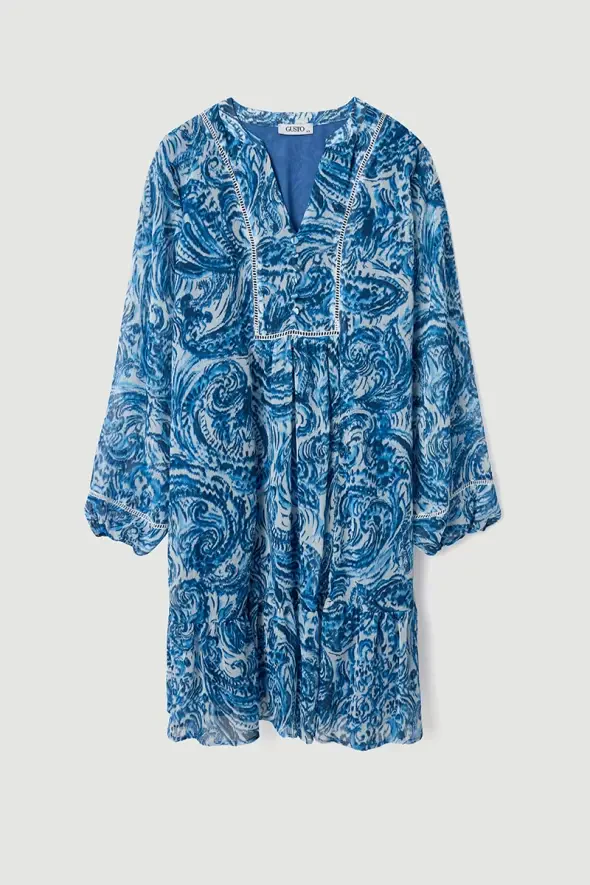 Shawl Patterned Chiffon Dress - Blue - Gusto