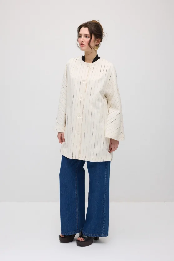 Shimmer Striped Muslin Kaftan - Ecru - 5