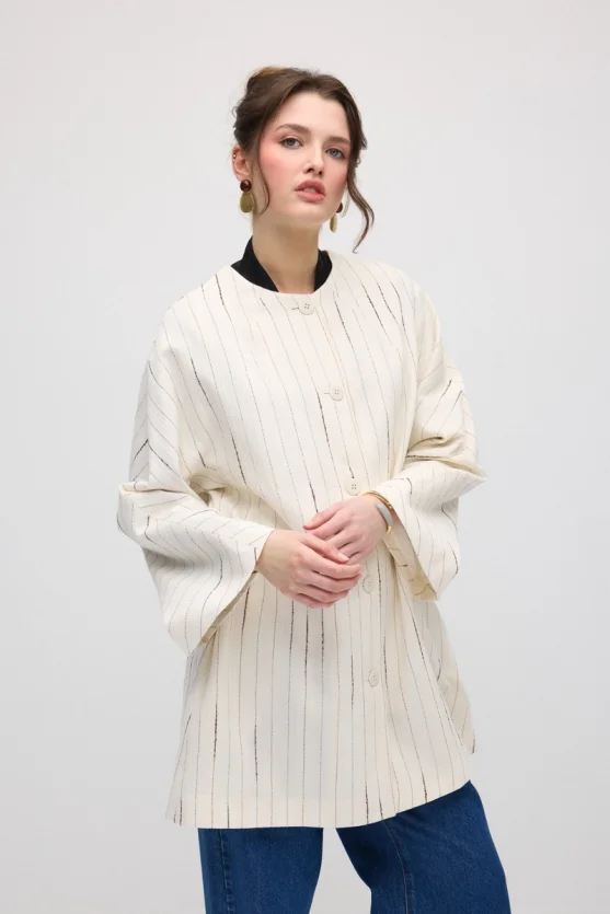 Shimmer Striped Muslin Kaftan - Ecru - 6