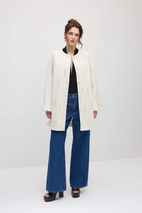 Shimmer Striped Muslin Kaftan - Ecru - Gusto