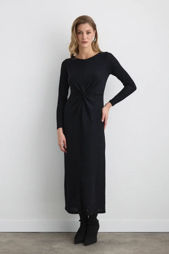 Shimmering Fitted Long Evening Dress - Sax Blue - 1