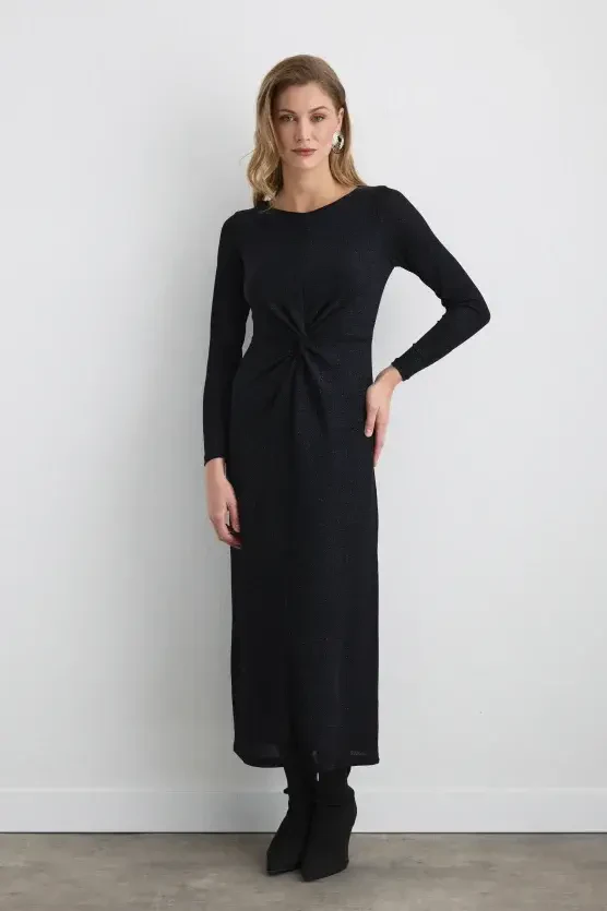 Shimmering Fitted Long Evening Dress - Sax Blue - 1