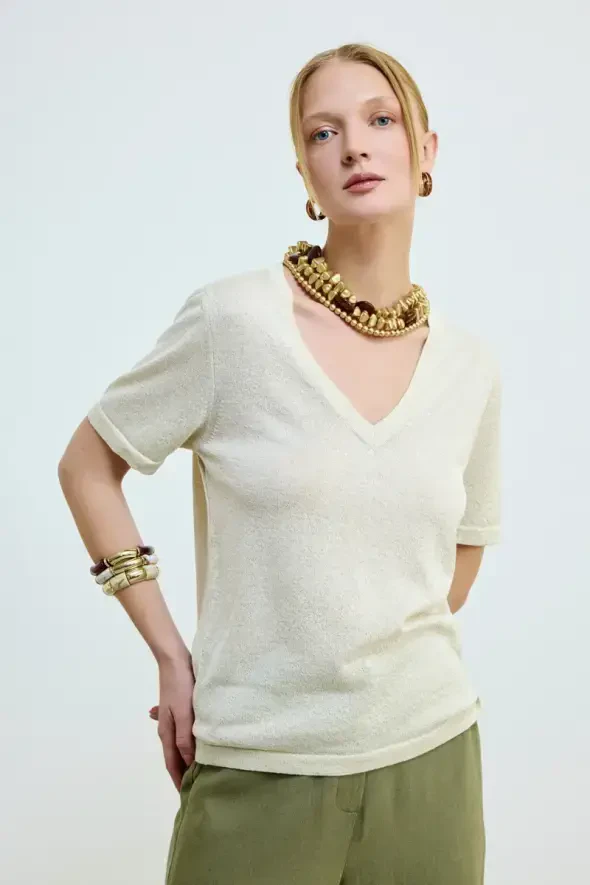 Shimmering V-Neck Knit Blouse - Gold - 1