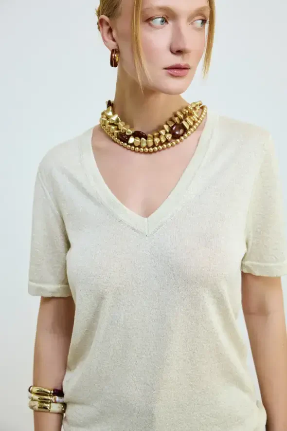 Shimmering V-Neck Knit Blouse - Gold - 3