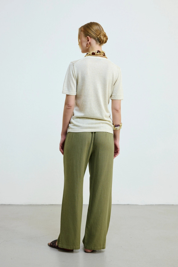 Shimmering V-Neck Knit Blouse - Gold - 4
