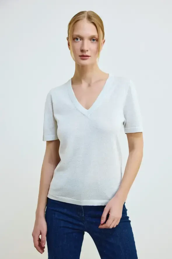 Shimmering V-Neck Knit Blouse - Silver - 1