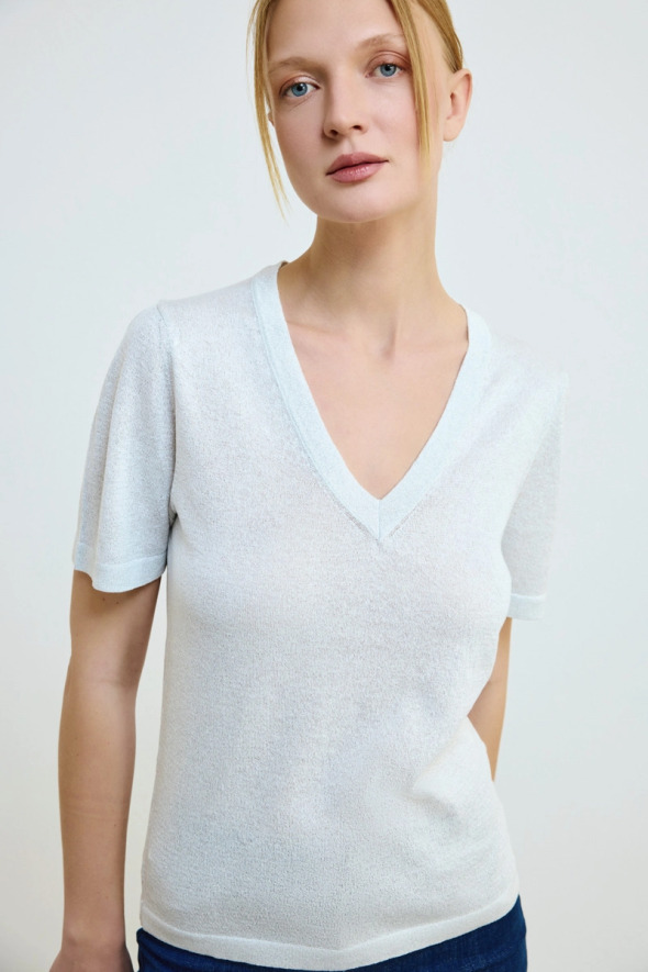 Shimmering V-Neck Knit Blouse - Silver - 2