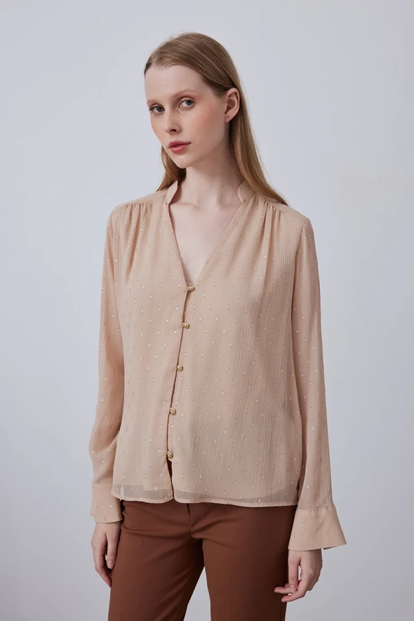 Shimmery Chiffon Blouse - Beige - 1