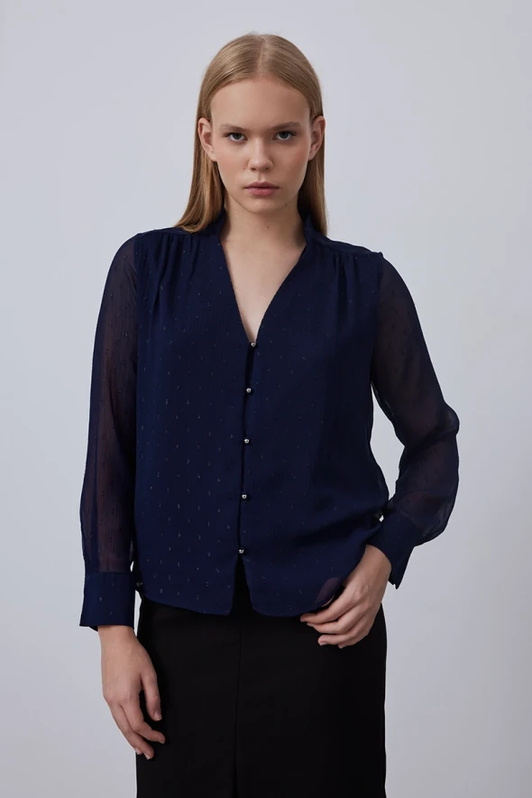 Shimmery Chiffon Blouse - Navy - 2