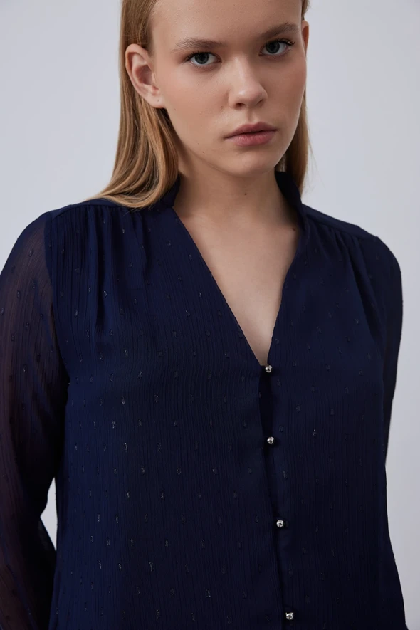 Shimmery Chiffon Blouse - Navy - 4