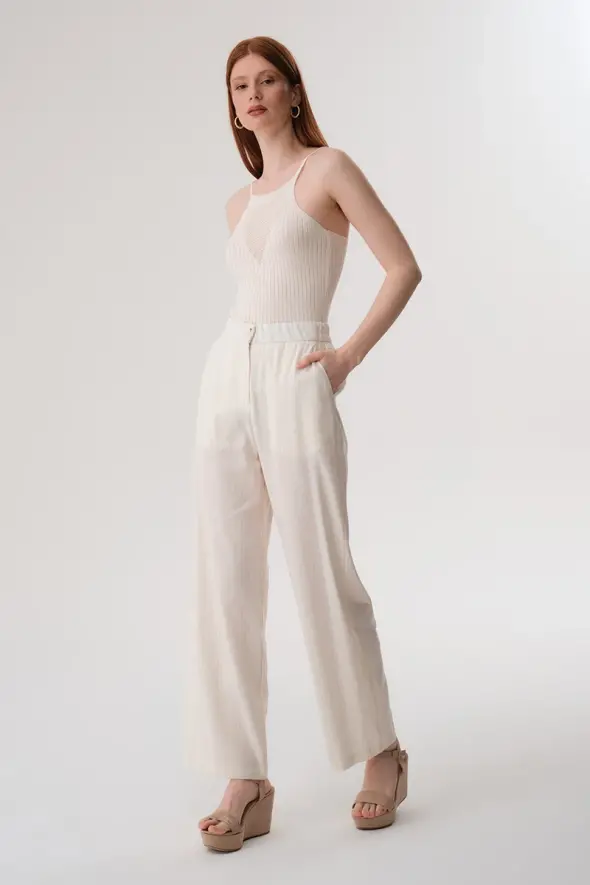 Shimmery Linen Pants - Ecru - 4