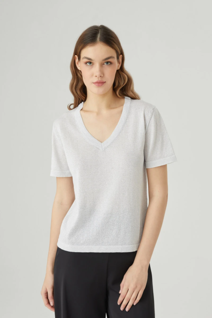 Shimmery V Neck Knitwear - Silver Silver