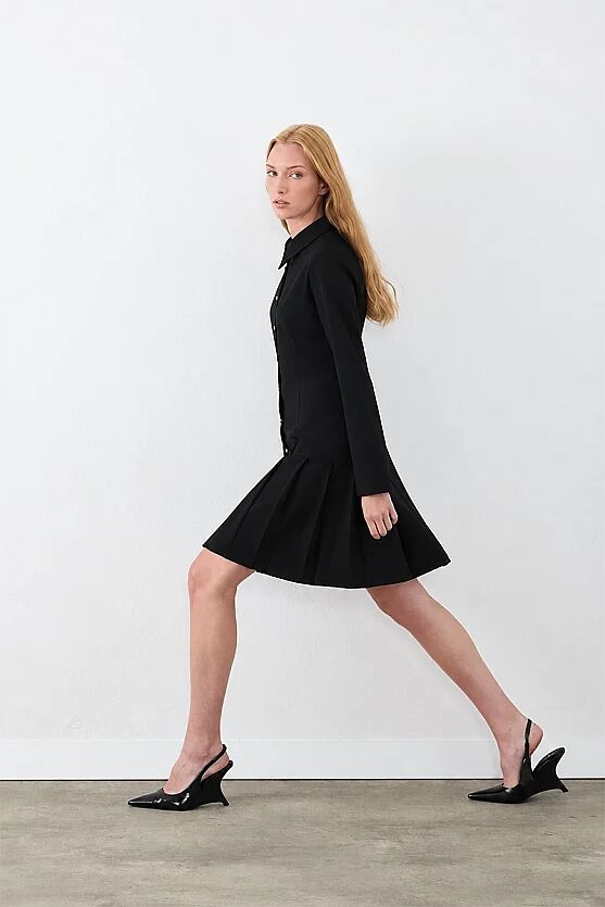 Shirt-Collar Buttoned Dress - Black - 6