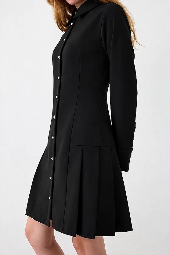 Shirt-Collar Buttoned Dress - Black - Gusto