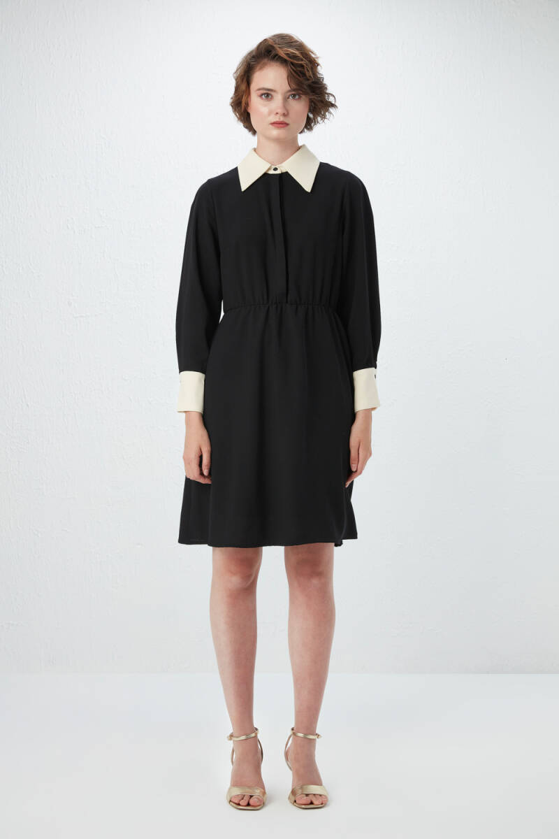 Shirt Collar Crepe Dress - Black - 1