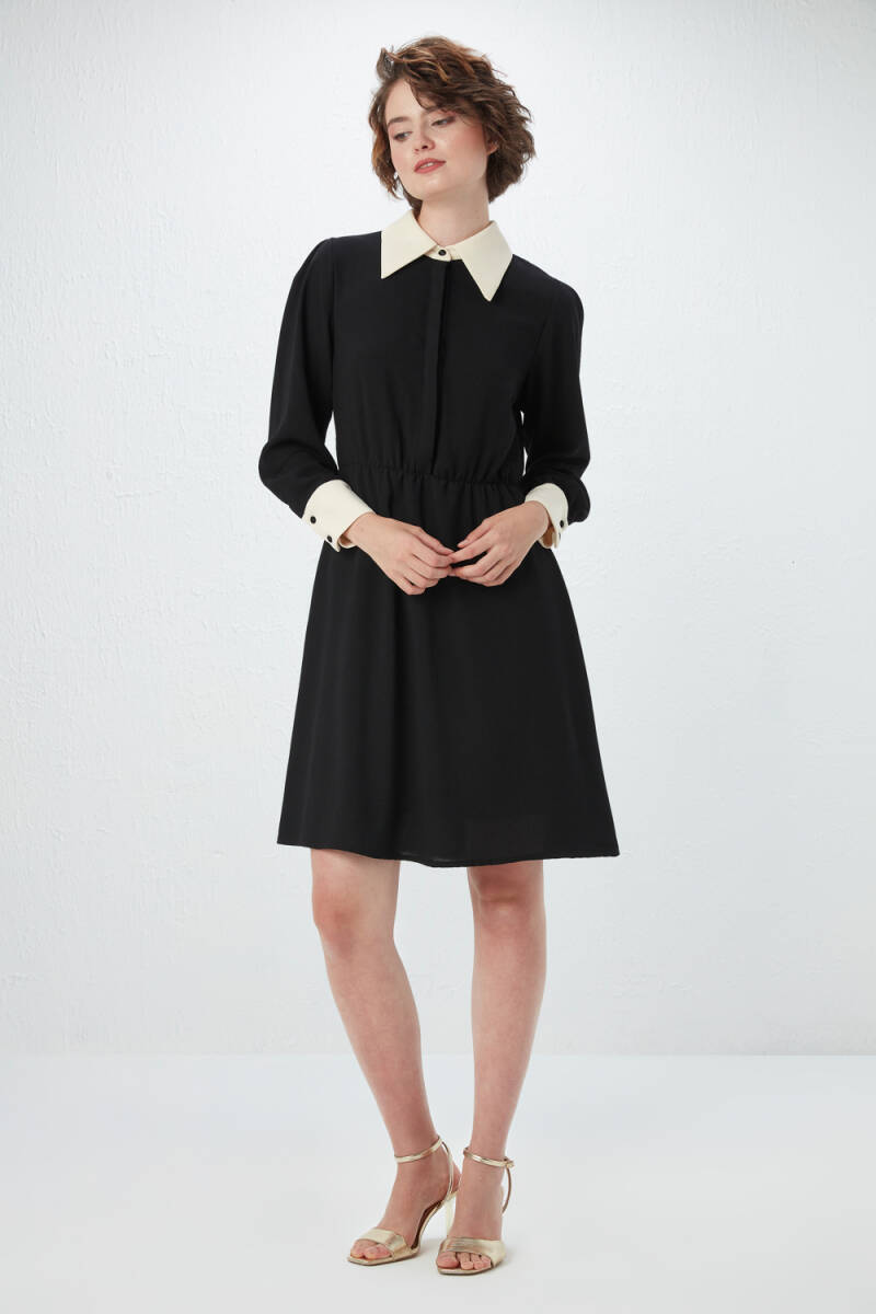 Shirt Collar Crepe Dress - Black - 3