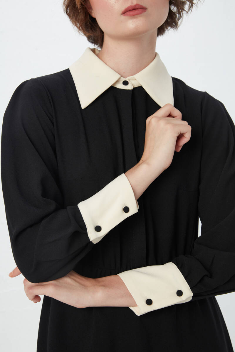 Shirt Collar Crepe Dress - Black - 4