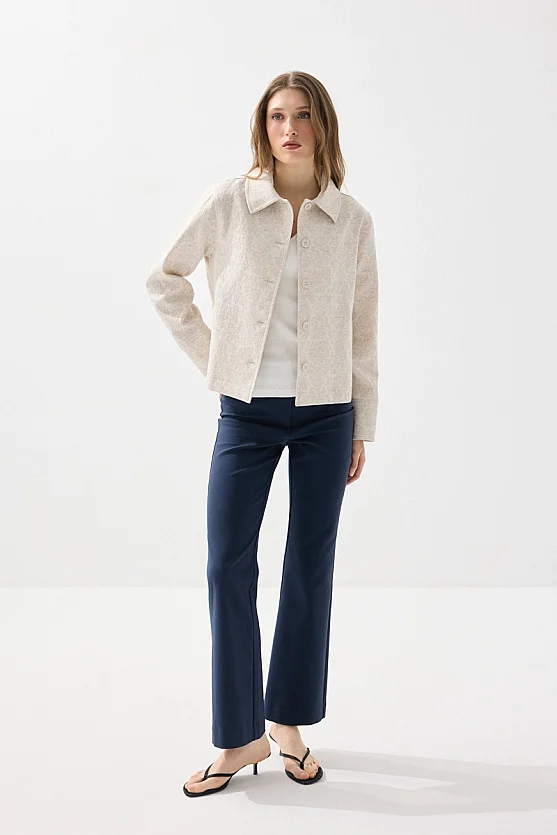 Shirt Collar Unlined Jacquard Pattern Blazer - Beige - 2