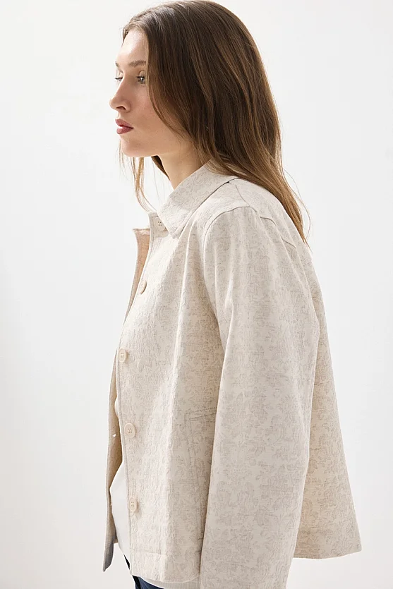 Shirt Collar Unlined Jacquard Pattern Blazer - Beige - 4