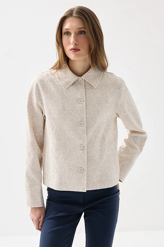 Shirt Collar Unlined Jacquard Pattern Blazer - Beige - 6