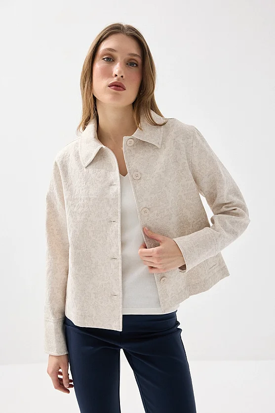 Shirt Collar Unlined Jacquard Pattern Blazer - Beige - 1