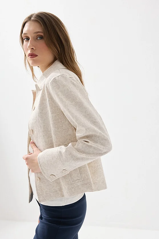 Shirt Collar Unlined Jacquard Pattern Blazer - Beige - Gusto