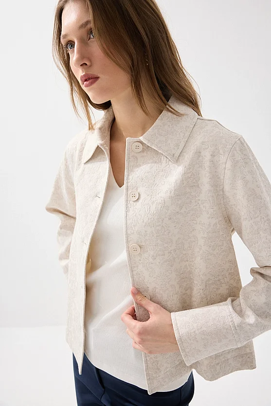 Shirt Collar Unlined Jacquard Pattern Blazer - Beige - 5