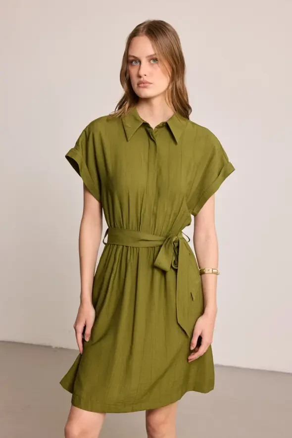 Shirt Dress with Belt - Khaki - Gusto