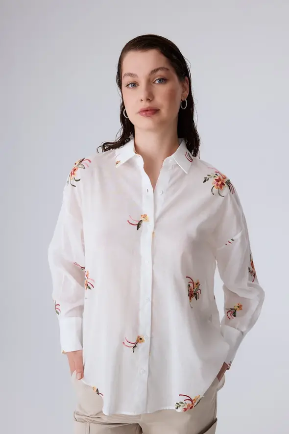 Shirt with Flower Embroidery - White - 1