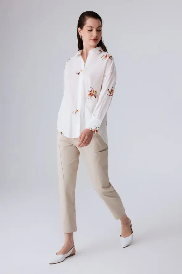 Shirt with Flower Embroidery - White - 2