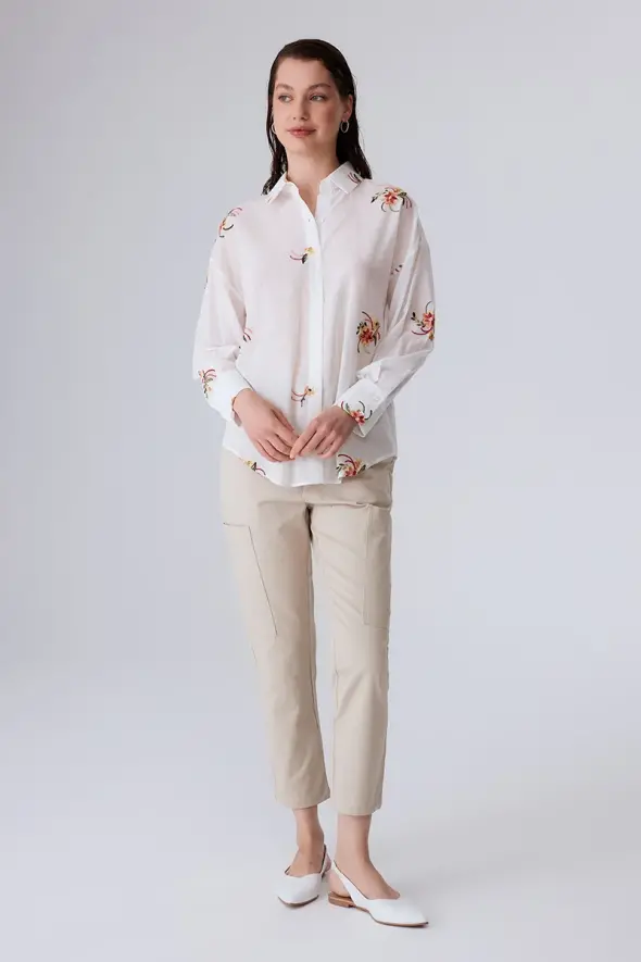 Shirt with Flower Embroidery - White - 4