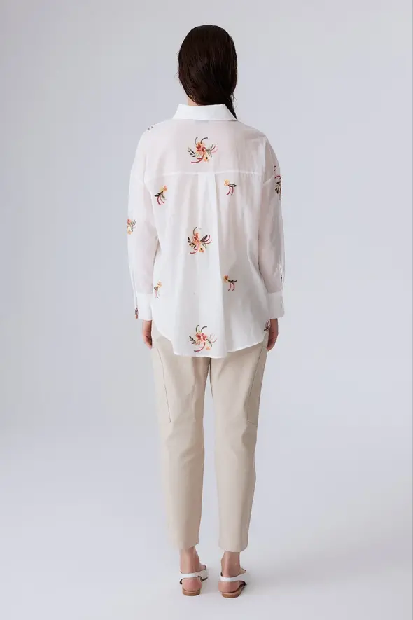 Shirt with Flower Embroidery - White - 5