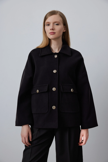 Short Cashmere Coat with Collared Pockets - Black Black