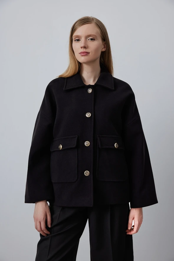 Short Cashmere Coat with Collared Pockets - Black - 1