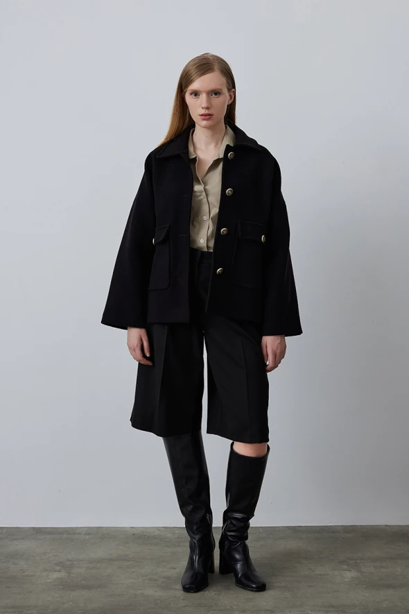 Short Cashmere Coat with Collared Pockets - Black - 3