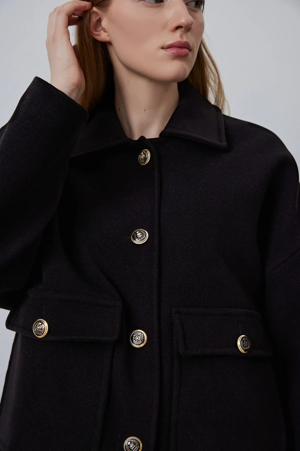 Short Cashmere Coat with Collared Pockets - Black - 4