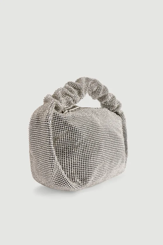 Short Handle Stone-Embellished Evening Bag - Silver - Gusto