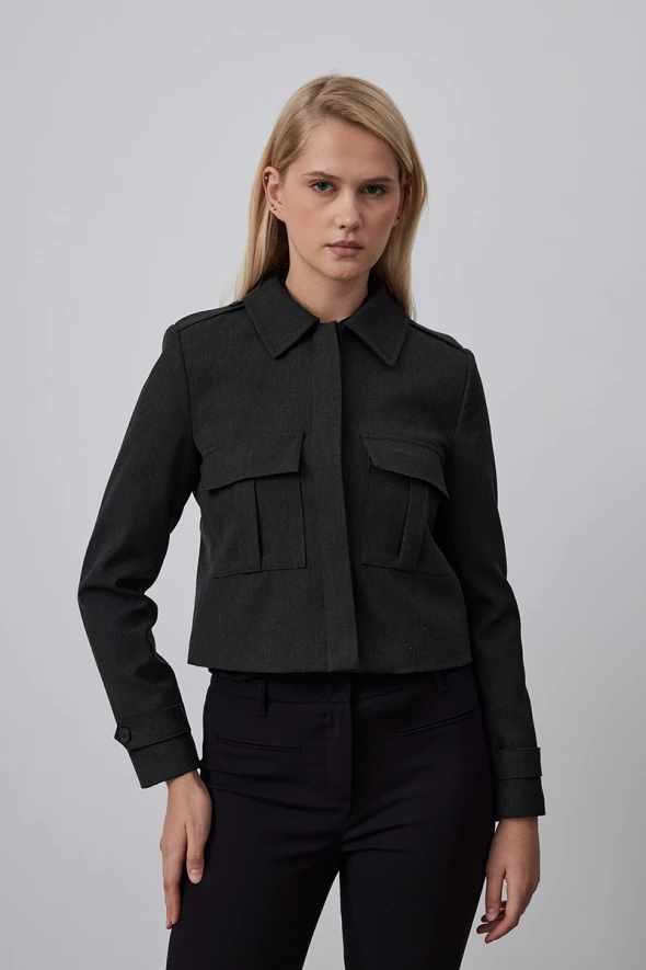 Short Jacket with Pockets and Epaulettes - Gray - 1