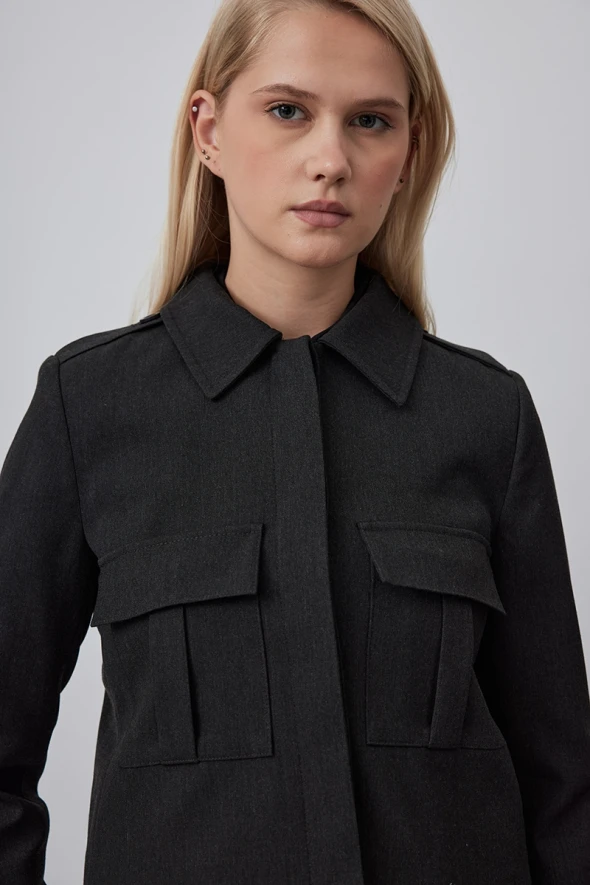 Short Jacket with Pockets and Epaulettes - Gray - 3