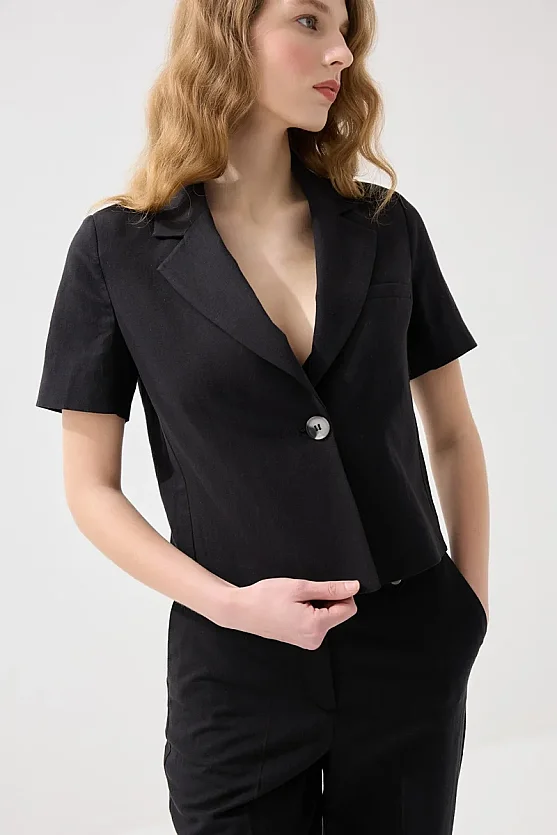 Short Linen Jacket - Black - 3