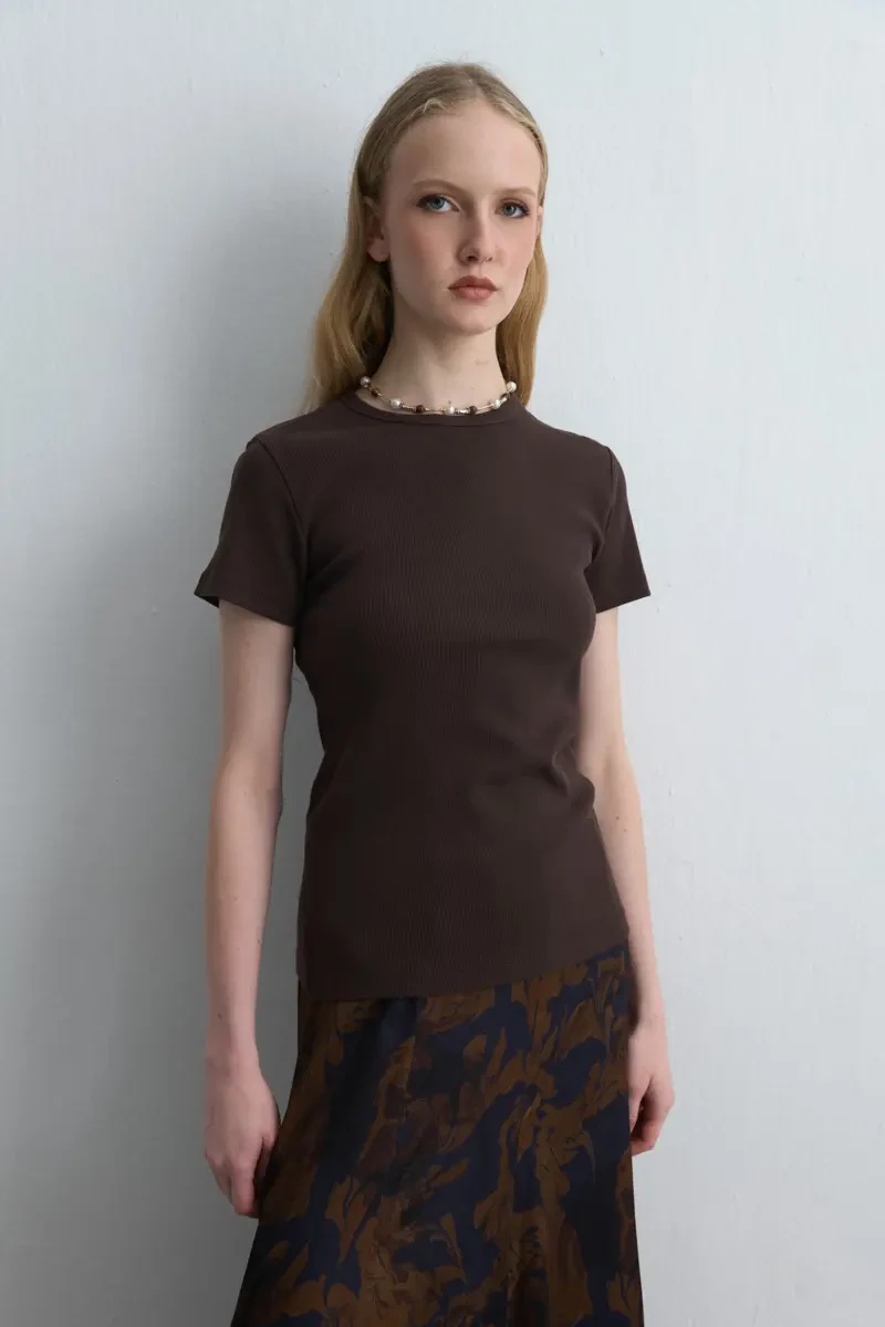 Short Sleeve Basic Cotton T-Shirt - Brown - 1