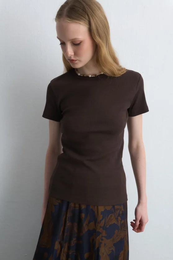 Short Sleeve Basic Cotton T Shirt Brown - 3