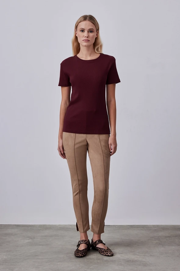 Short Sleeve Basic Cotton T-shirt - Burgundy - 2