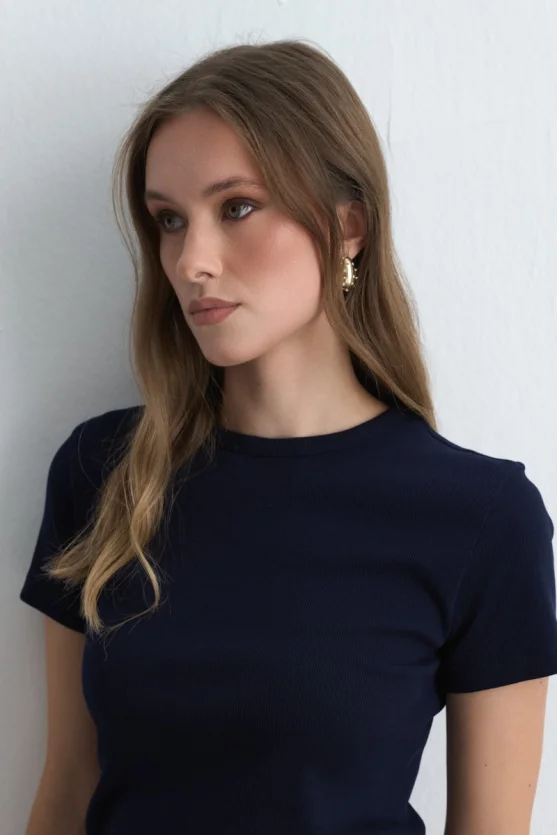 Short Sleeve Basic Cotton T Shirt Navy Blue - 3