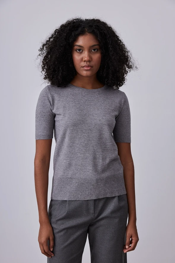 Short Sleeve Basic Knitwear - Grey - 2