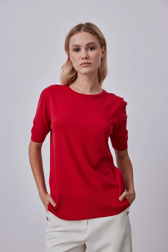 Short Sleeve Basic Knitwear - Red - 1